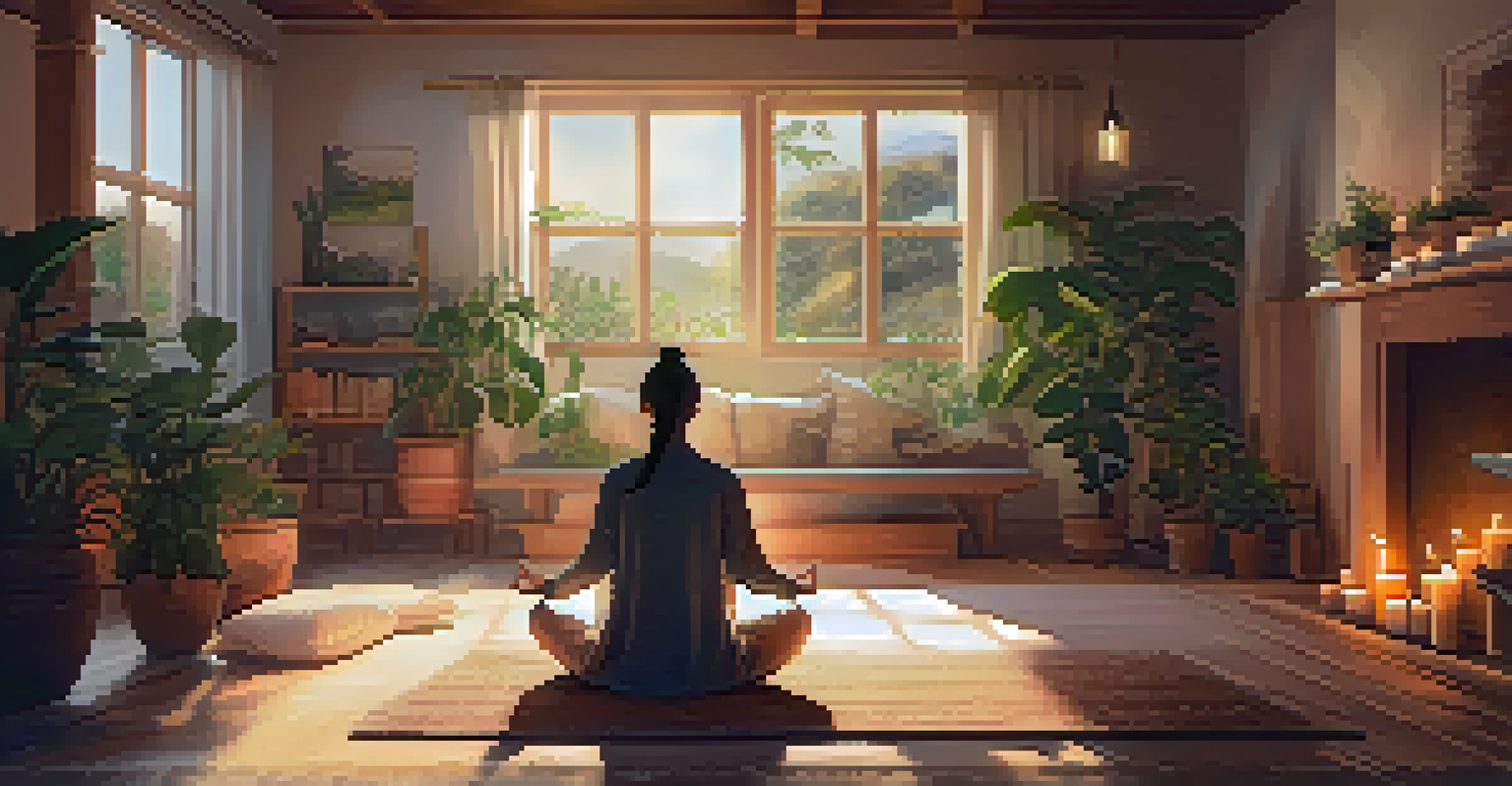A person meditating in a warm, cozy indoor space surrounded by candles and plants.