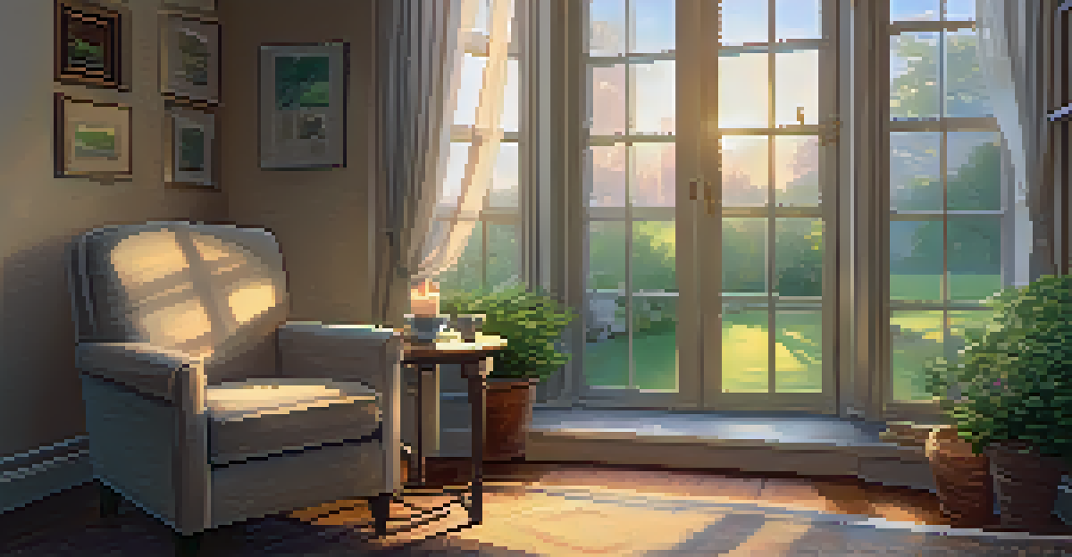 A cozy indoor space with soft lighting, a chair, a journal, tea, and a candle, overlooking a peaceful garden.