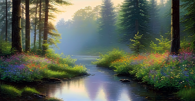 A peaceful forest landscape at dawn with mist, sunlight, wildflowers, and a gentle stream.