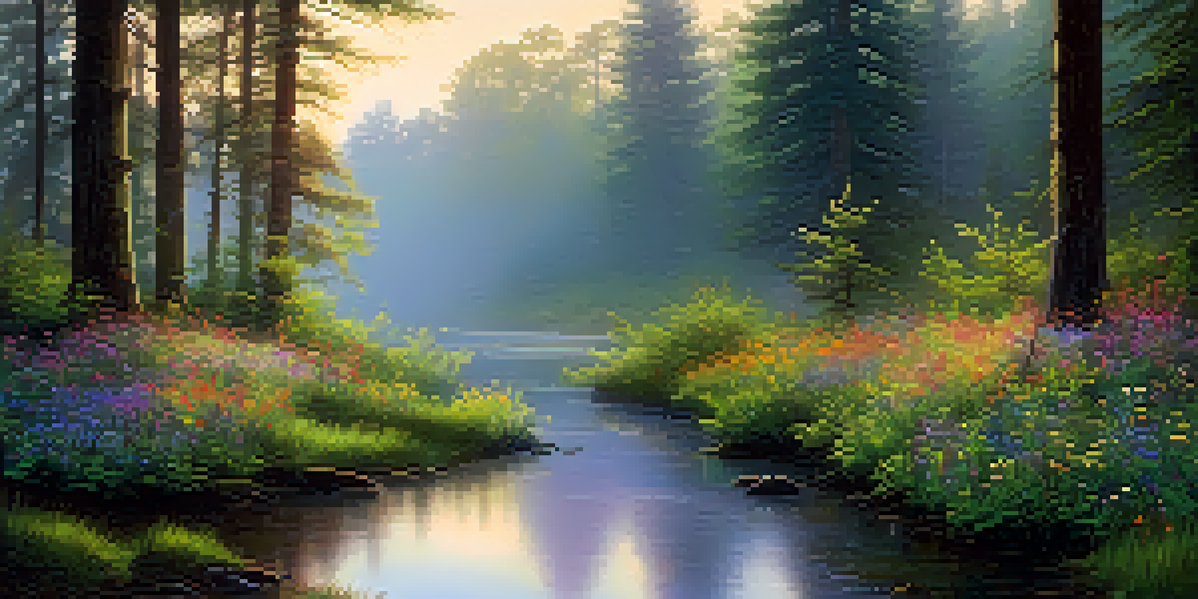 A peaceful forest landscape at dawn with mist, sunlight, wildflowers, and a gentle stream.