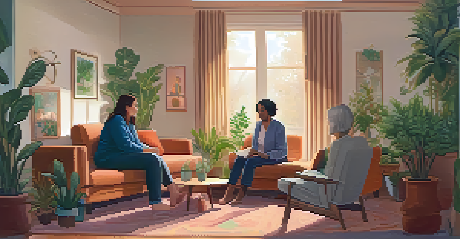 A cozy therapy room with warm lighting, featuring a therapist and a young adult in an engaged discussion about mental health and entheogens.