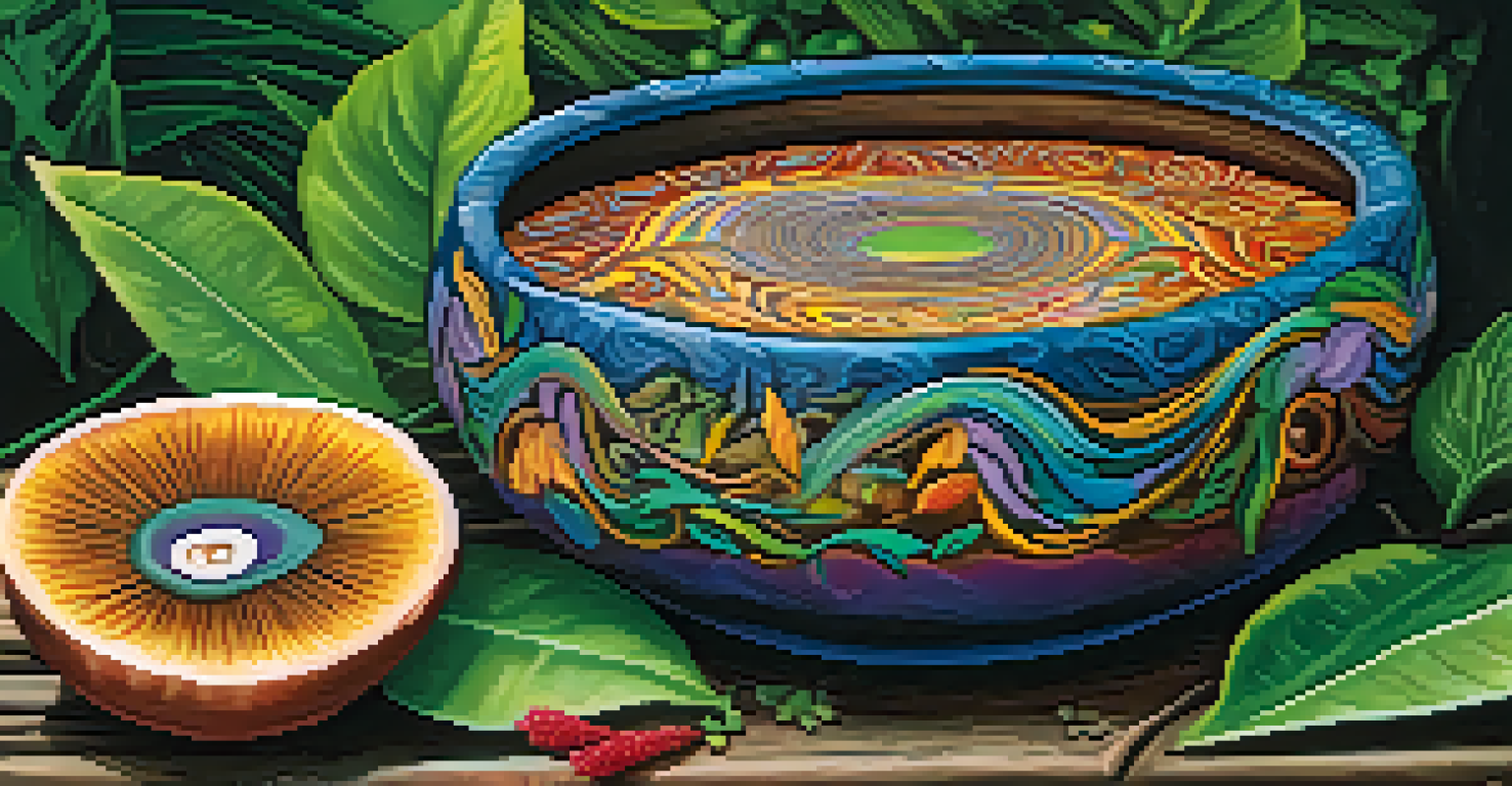 A close-up of ayahuasca brew in a rustic bowl, surrounded by leaves and flowers, evoking a mystical ambiance.