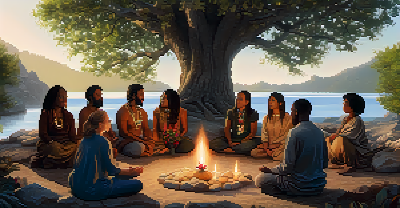 A diverse group of individuals seated in a circle under a large tree, engaged in a shared entheogenic ritual, surrounded by flowers and stones.