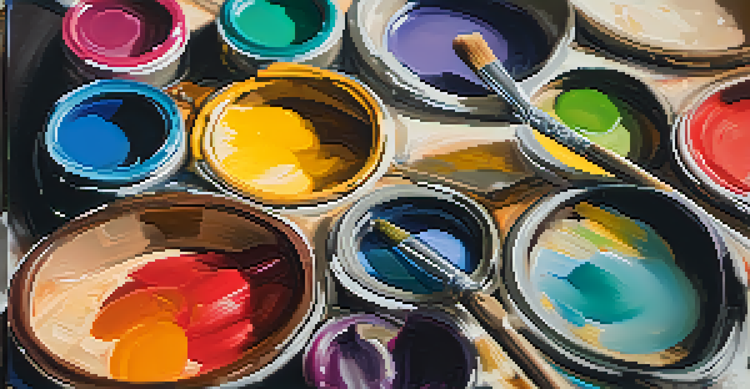 A close-up of a painter's palette with vibrant colors and brushes, showcasing the texture of the paint.