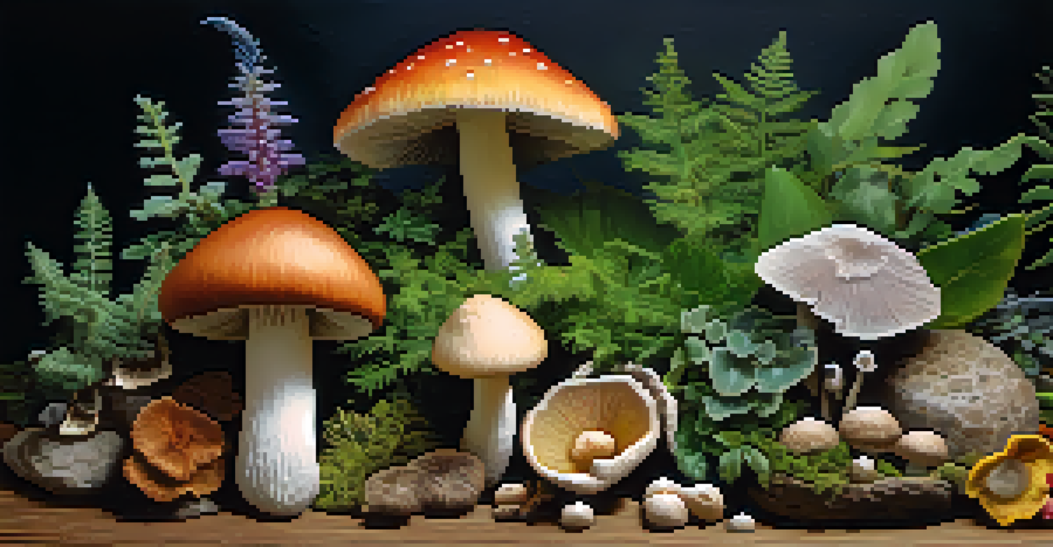 A detailed arrangement of different entheogenic plants and mushrooms on a wooden table.