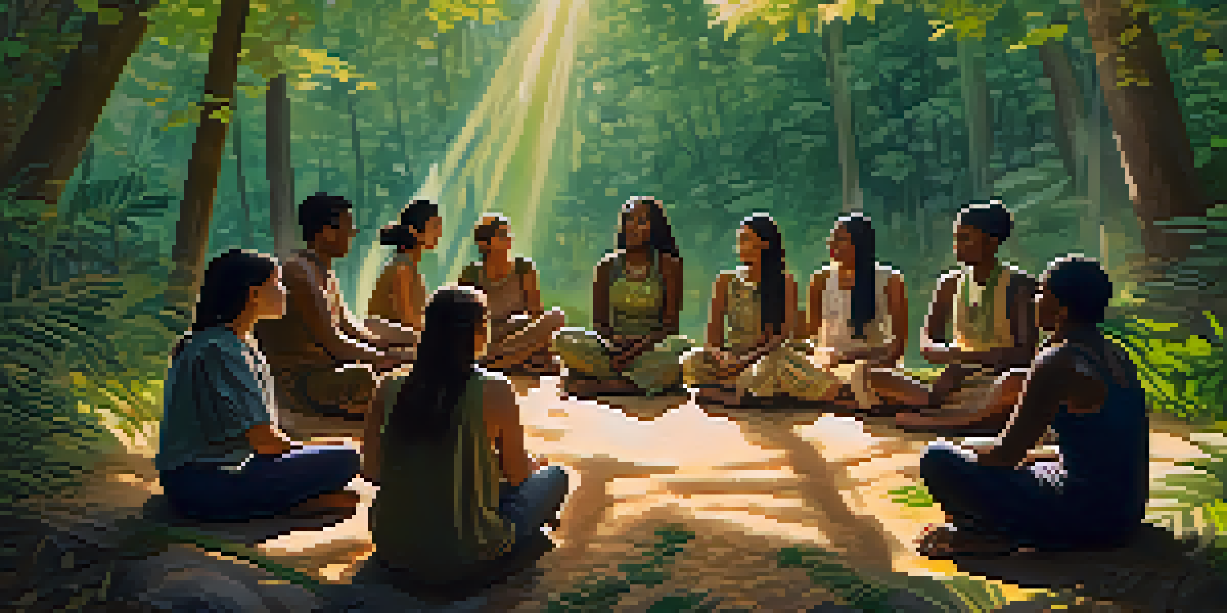 A diverse group of people sitting in a circle in a forest, sharing stories, with sunlight filtering through the trees.
