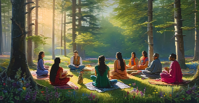 A peaceful forest at dawn featuring a group of diverse people in a circle for a spiritual ceremony surrounded by wildflowers.
