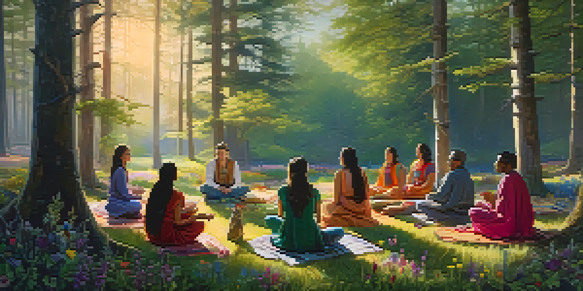 A peaceful forest at dawn featuring a group of diverse people in a circle for a spiritual ceremony surrounded by wildflowers.