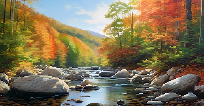 A peaceful forest scene with sunlight filtering through leaves and a calm stream flowing over stones, surrounded by autumn colors.