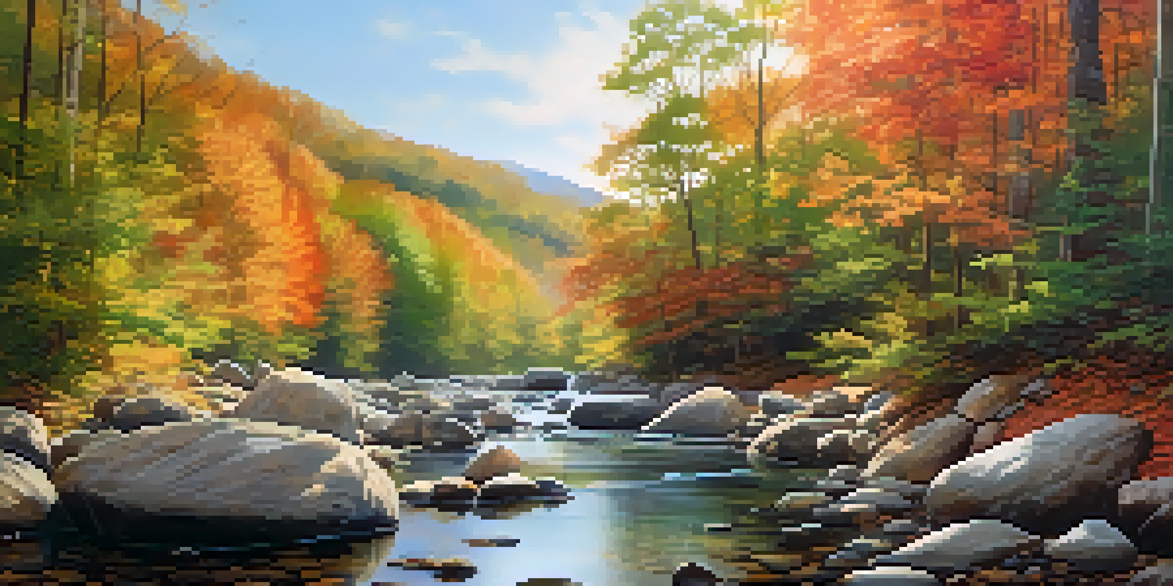A peaceful forest scene with sunlight filtering through leaves and a calm stream flowing over stones, surrounded by autumn colors.