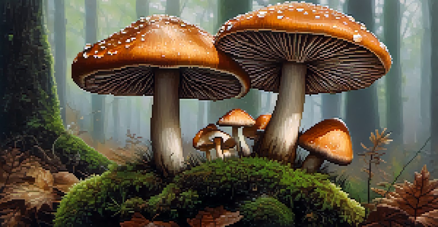 A close-up view of colorful mushrooms surrounded by leaves and moss in a forest setting.