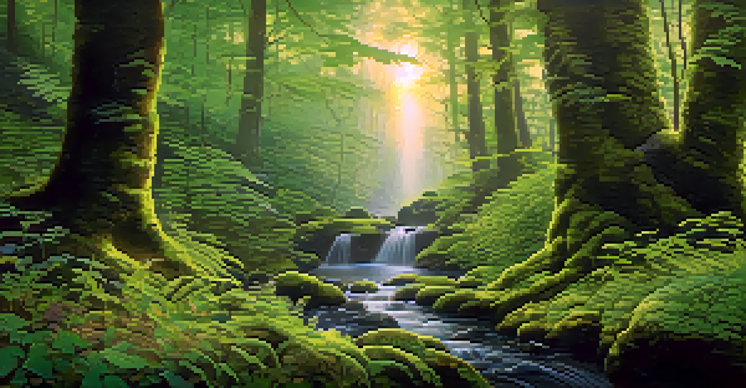 A magical forest with soft light, moss-covered ground, and a gentle stream.