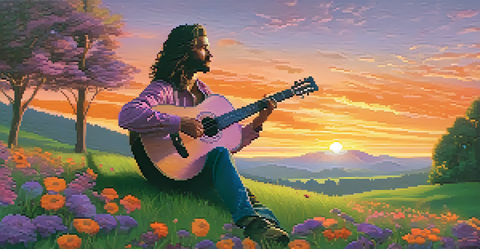A musician playing an acoustic guitar on a lush green hill during a colorful sunset, surrounded by wildflowers and soft sunlight filtering through trees.