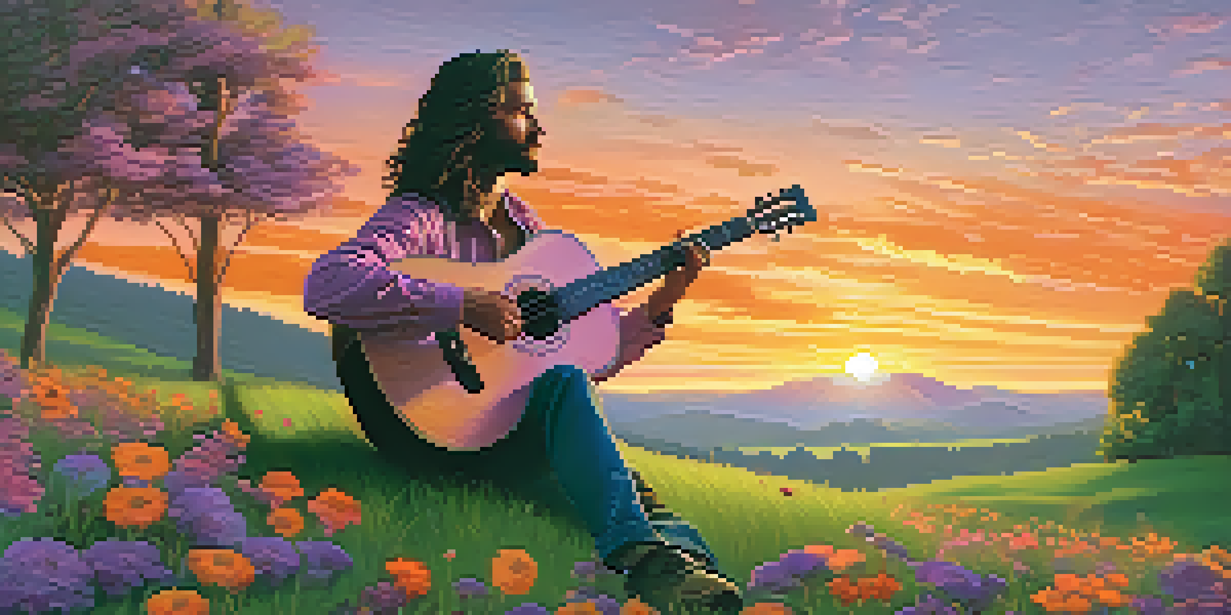 A musician playing an acoustic guitar on a lush green hill during a colorful sunset, surrounded by wildflowers and soft sunlight filtering through trees.