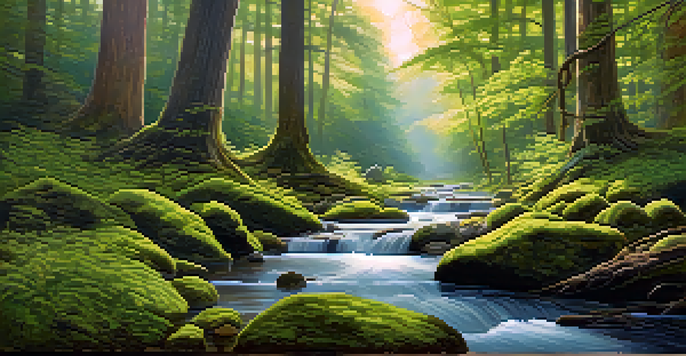 A peaceful forest with sunlight shining through the trees and a gentle stream, creating a calming atmosphere.