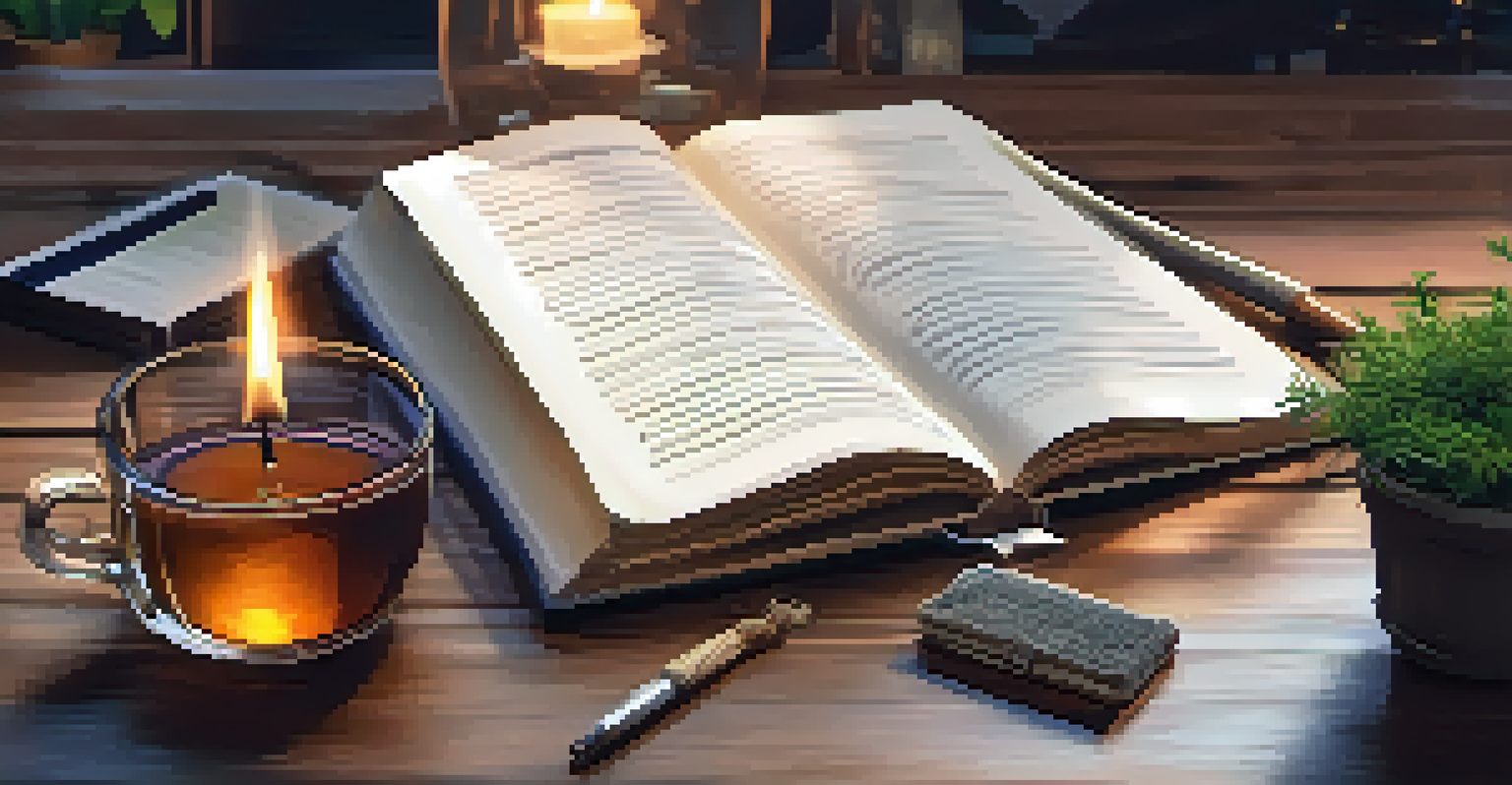 A notebook with a pen, a cup of tea, and a candle on a table, representing journaling and self-reflection.