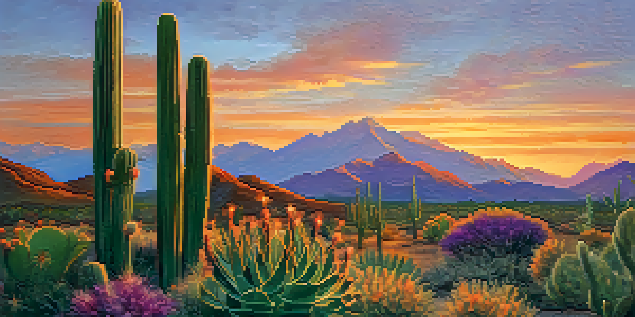 A San Pedro cactus stands in a picturesque landscape with the Andes mountains at sunset, featuring vibrant colors in the sky and surrounding vegetation.