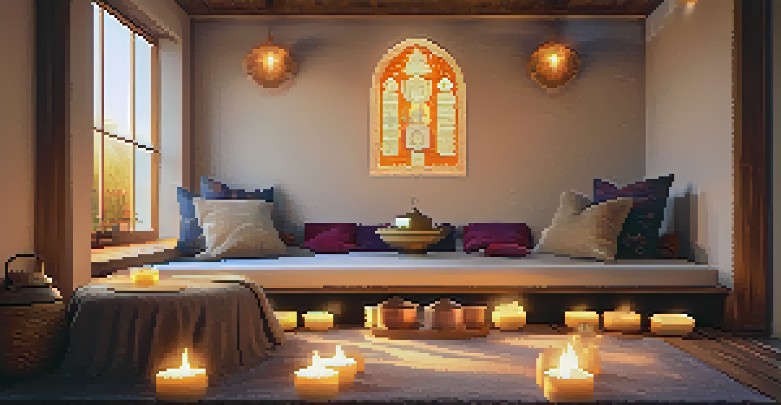 A cozy meditation room with cushions, candles, and calming decor.