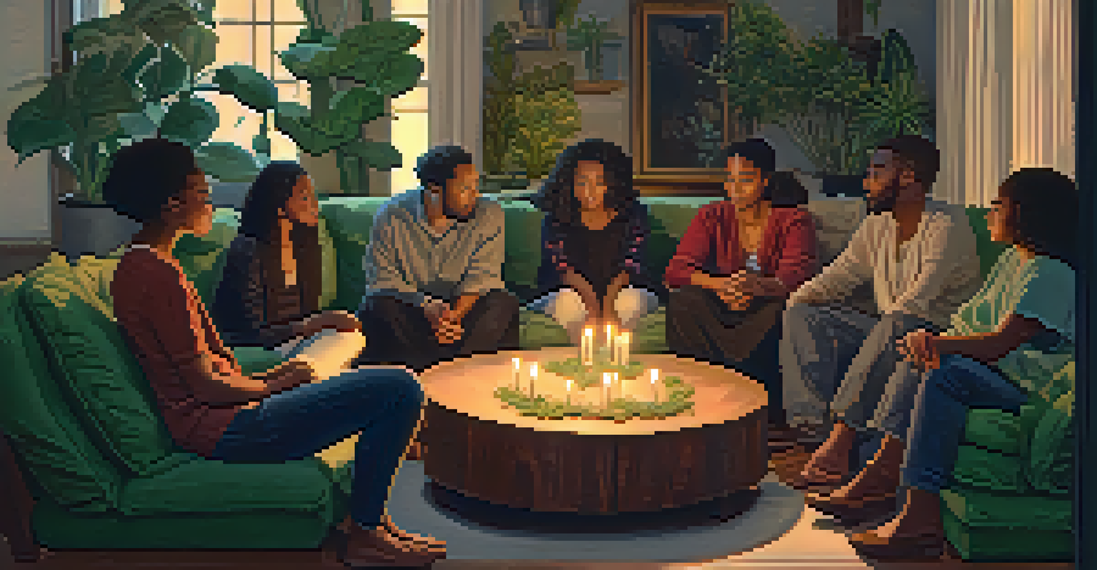 A diverse group of people sitting in a circle in a cozy room, engaged in deep conversation with candles and plants around.