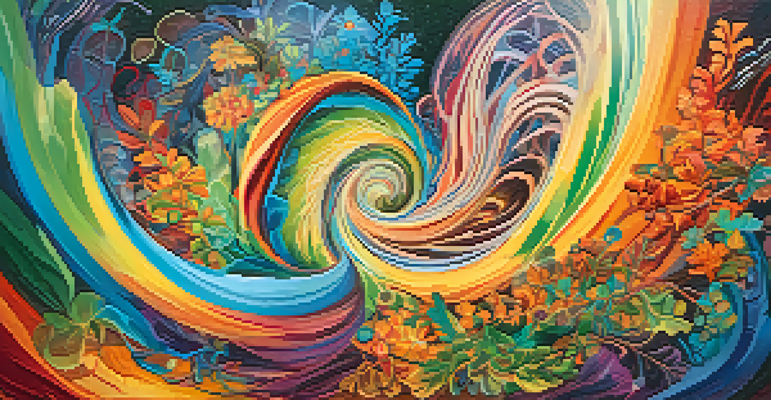 An abstract representation of an entheogenic experience with vibrant colors and swirling patterns, featuring nature elements like leaves and flowers.
