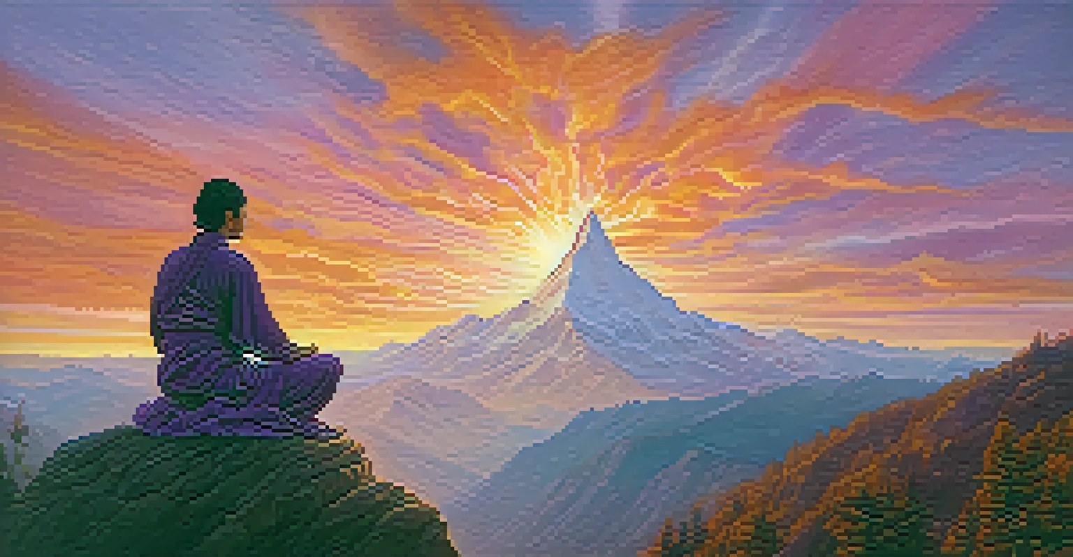 A figure meditating on a mountain peak at sunrise, surrounded by colorful skies and clouds, emanating a soft golden light.