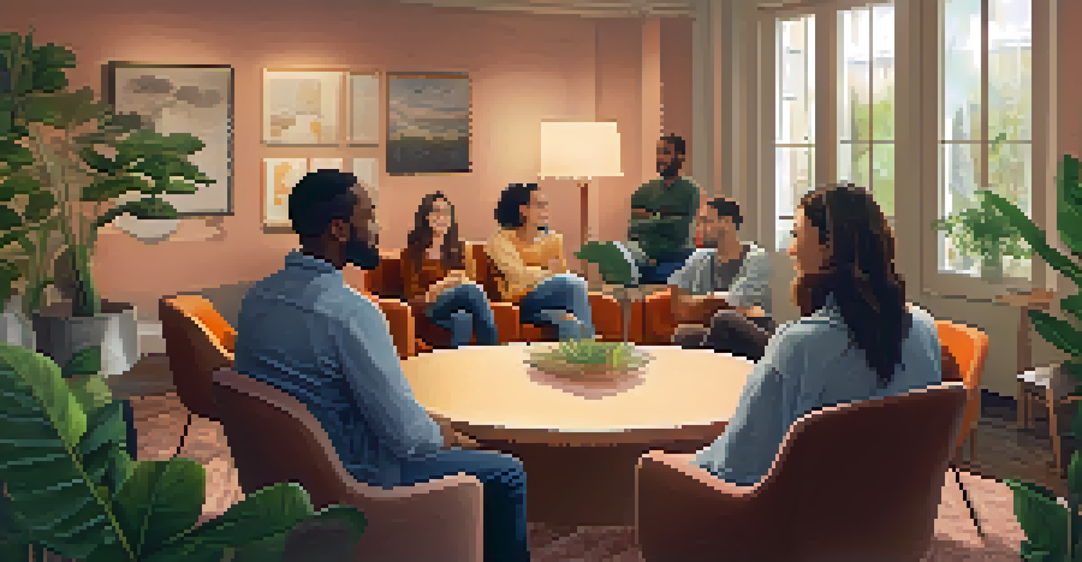 A supportive group therapy setting with individuals sitting in a circle, sharing experiences in a cozy, warmly lit room.