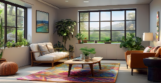 A cozy therapy room with soft lighting, plants, and colorful artwork, designed for emotional healing.