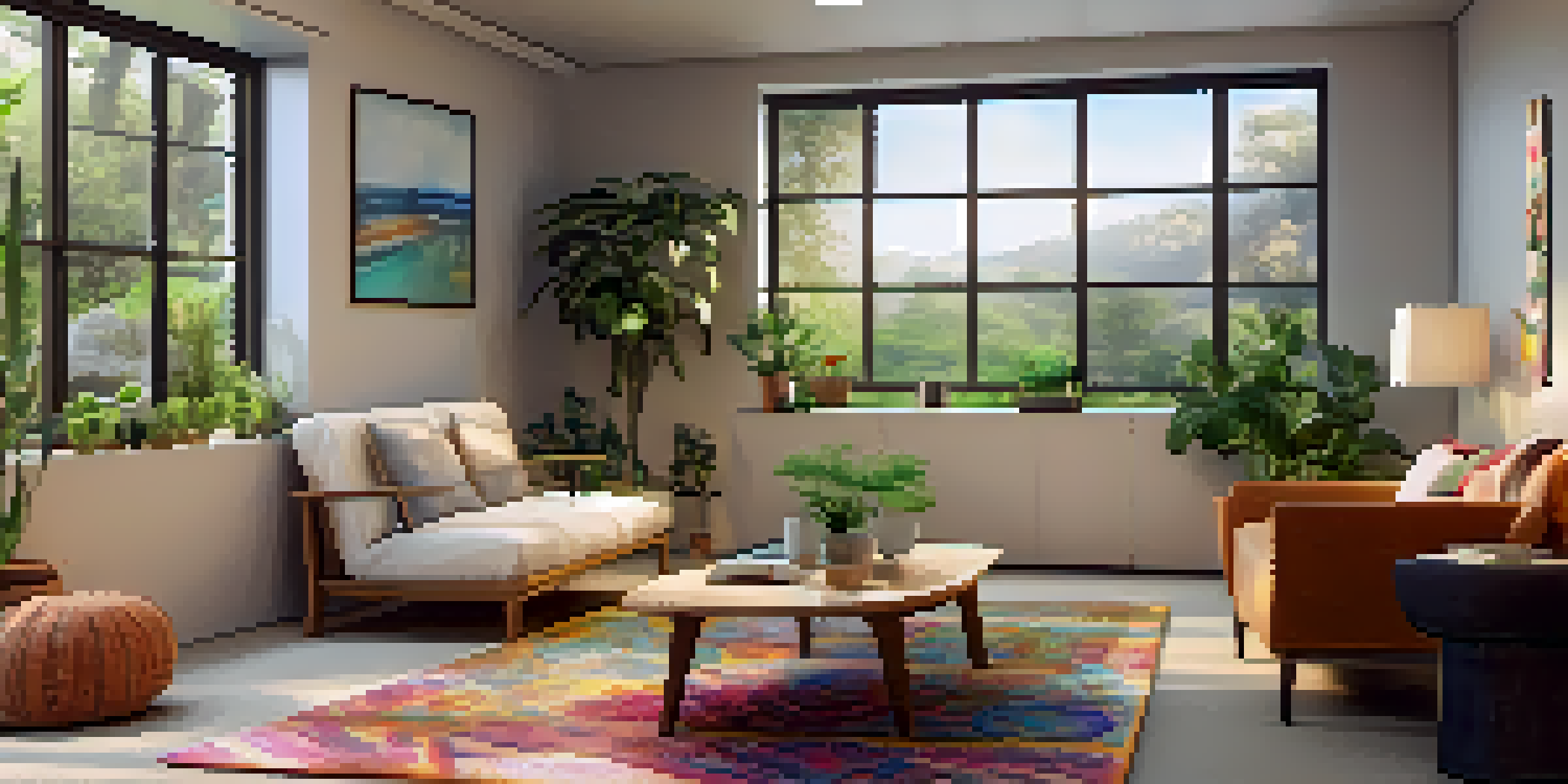 A cozy therapy room with soft lighting, plants, and colorful artwork, designed for emotional healing.