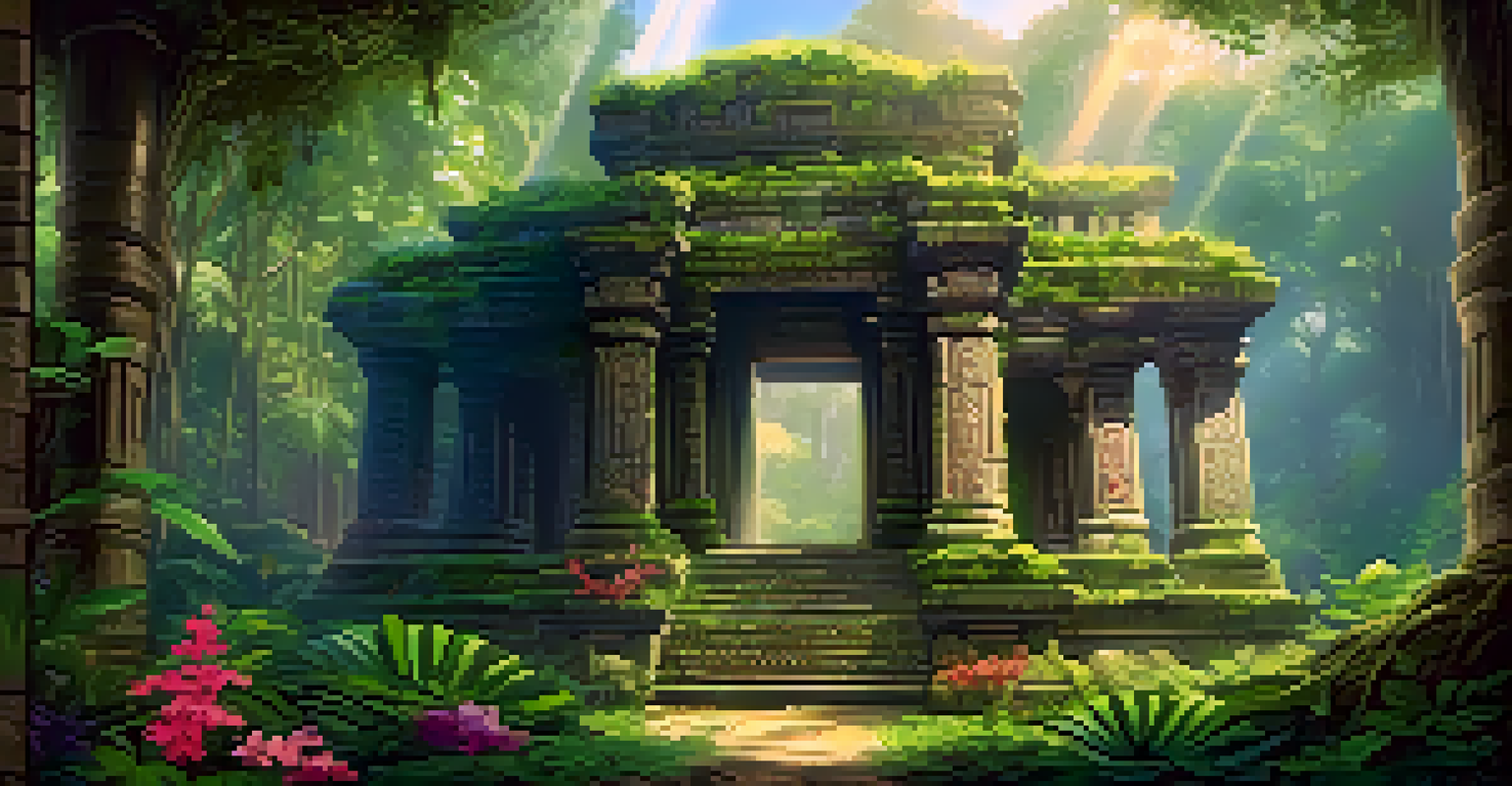An ancient stone temple surrounded by a lush jungle, with intricate carvings and sunlight filtering through the trees, creating a mystical atmosphere.