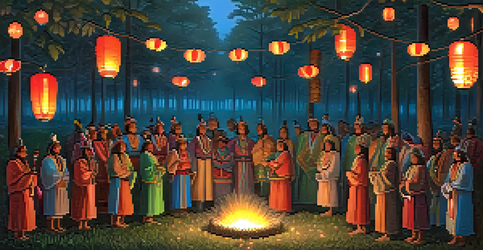 An Indigenous ceremonial gathering in a forest clearing at twilight, with participants in colorful regalia and glowing lanterns, creating a warm and spiritual atmosphere.