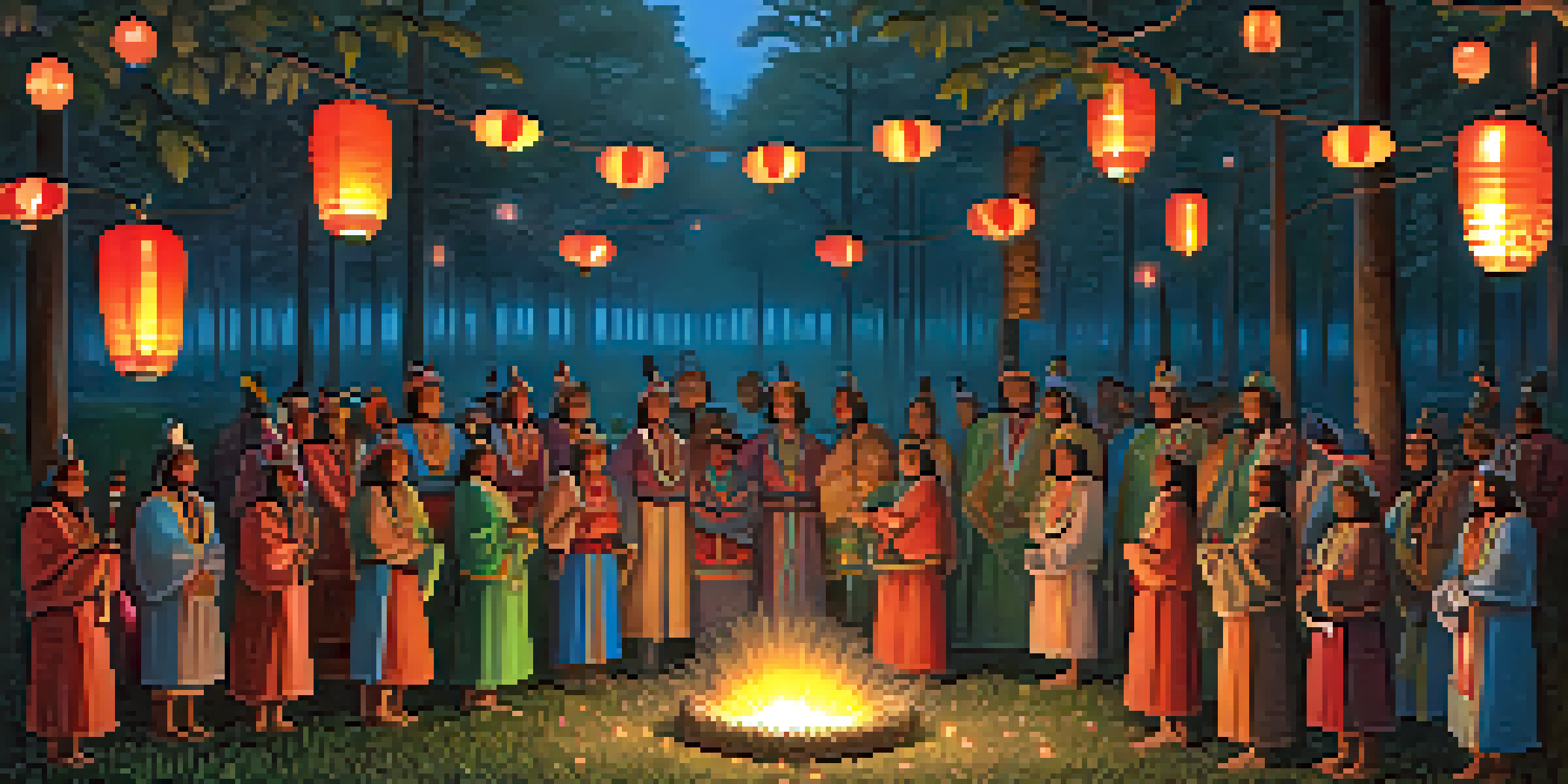 An Indigenous ceremonial gathering in a forest clearing at twilight, with participants in colorful regalia and glowing lanterns, creating a warm and spiritual atmosphere.