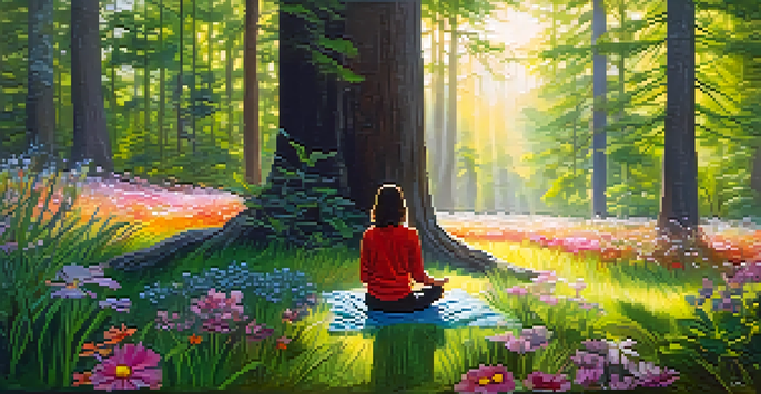 A person meditating in a sunlit forest surrounded by plants and flowers, conveying a sense of peace and nature.