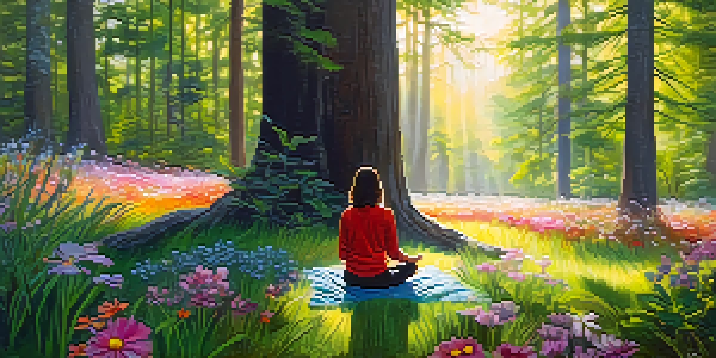 A person meditating in a sunlit forest surrounded by plants and flowers, conveying a sense of peace and nature.