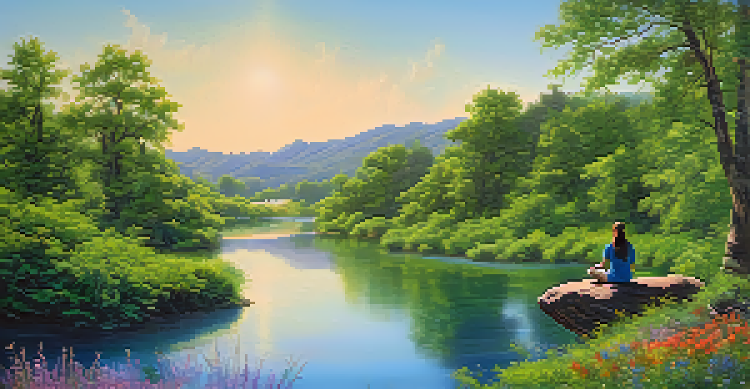 A scenic river with a person meditating on a rock, surrounded by greenery and blue sky.