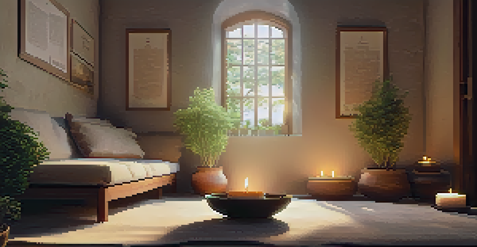 A cozy meditation room with dim lighting, cushions on the floor, and candles creating a calming ambiance.