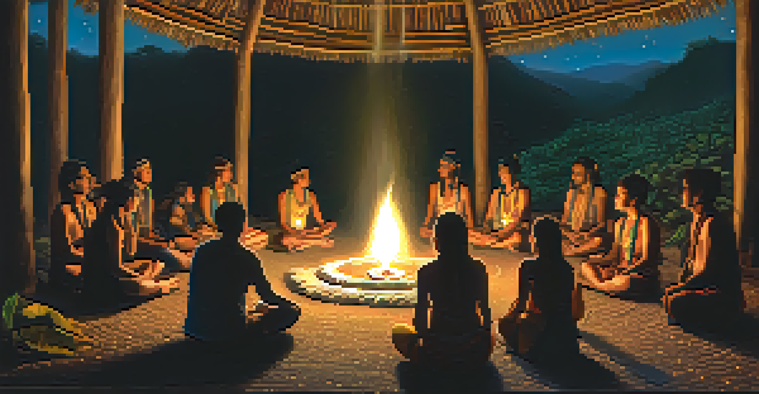 A group of people participating in an Ayahuasca ceremony under a starry sky, with a shaman in the center, surrounded by warm candlelight.
