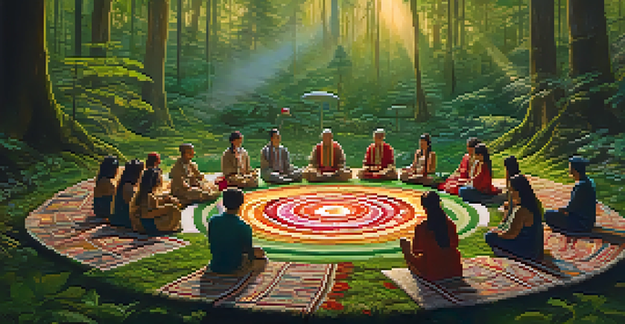 A peaceful mushroom ceremony in a forest with participants seated on mats and a shaman in the center holding mushrooms.