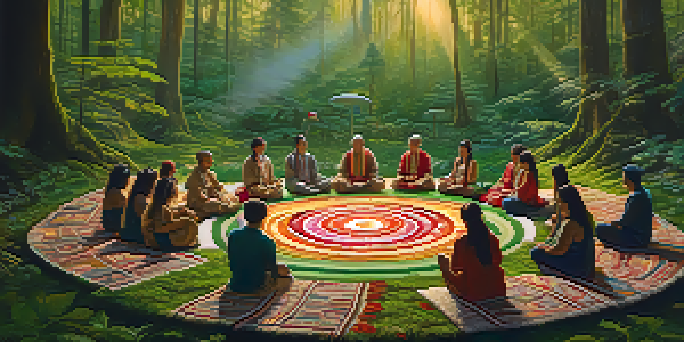 A peaceful mushroom ceremony in a forest with participants seated on mats and a shaman in the center holding mushrooms.