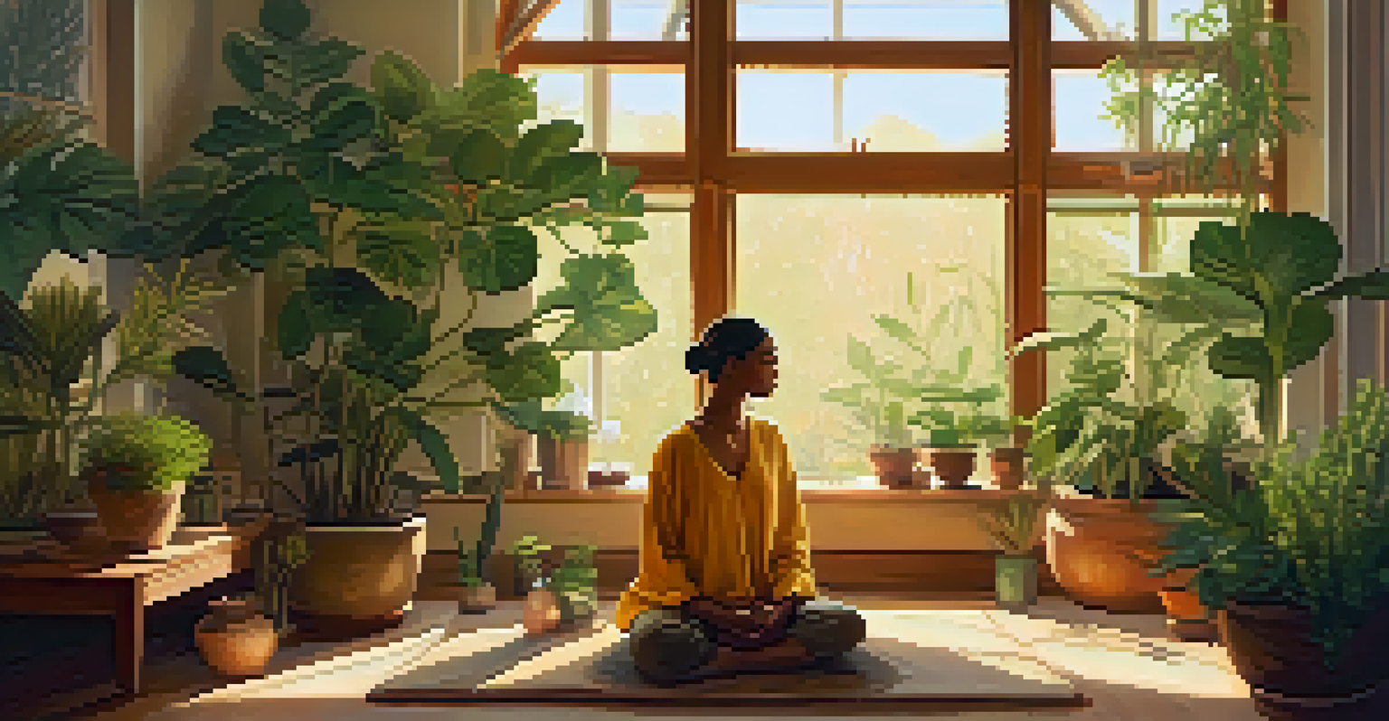 A calm room with a person meditating on a cushion surrounded by plants, illustrating a peaceful therapeutic environment.