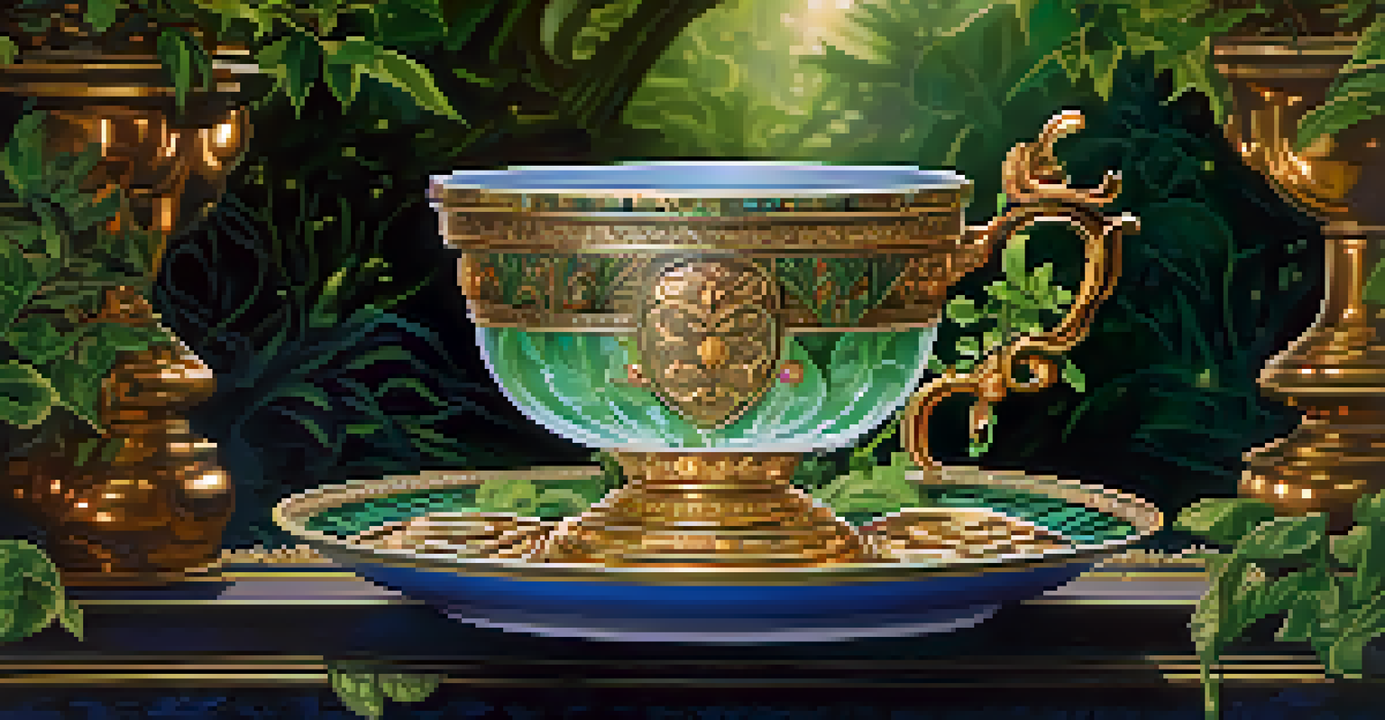A glowing cup of Soma elixir surrounded by lush greenery and flowers, radiating light.