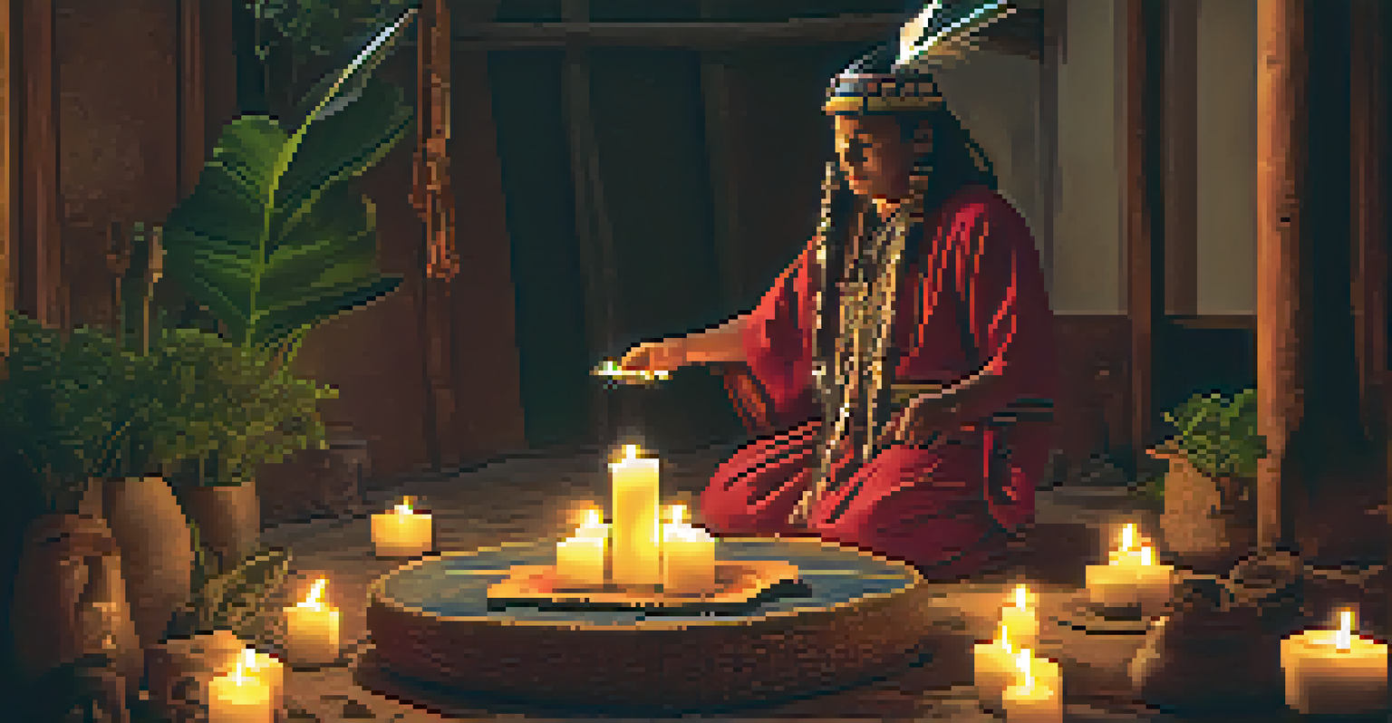 A shaman in traditional attire conducting a healing ceremony in a candlelit room filled with natural elements and herbs.