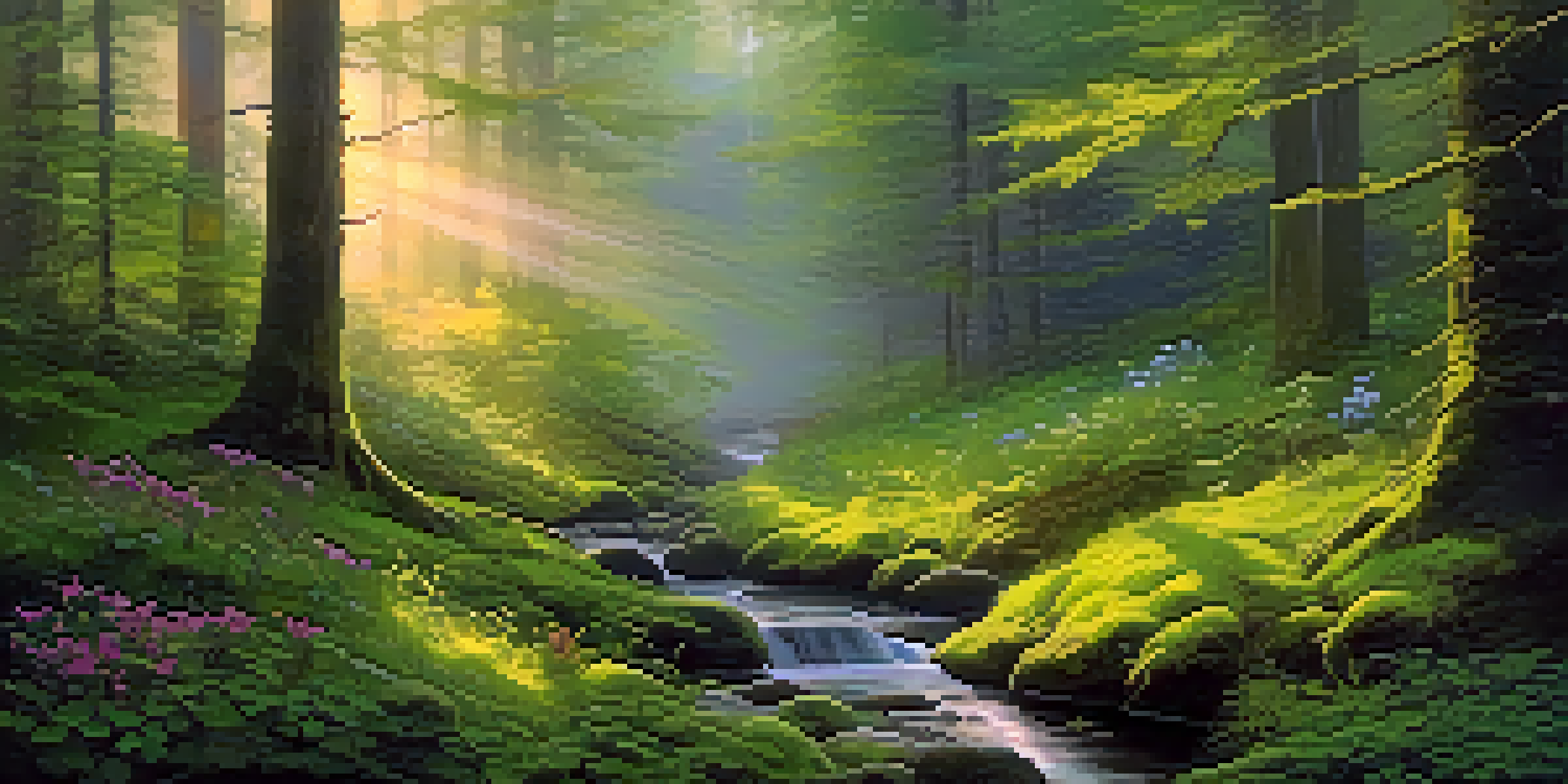 A peaceful forest at dawn with sunlight filtering through trees, illuminating moss and wildflowers, and a misty atmosphere.