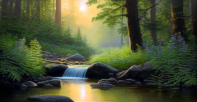 A peaceful forest scene with a stream, golden light, and misty atmosphere, featuring green ferns and wildflowers.