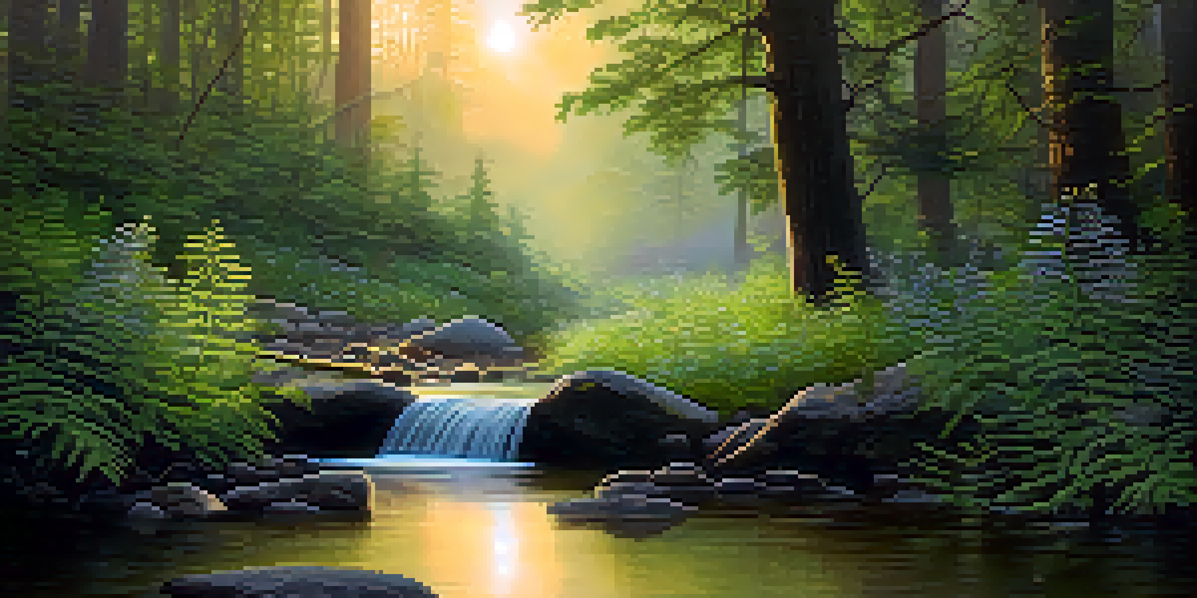 A peaceful forest scene with a stream, golden light, and misty atmosphere, featuring green ferns and wildflowers.