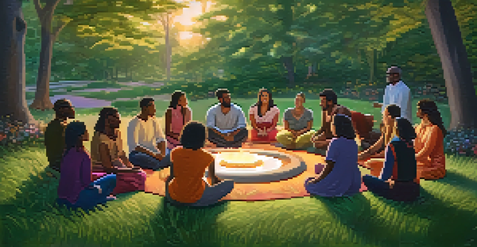 A diverse group of individuals in a circle discussing entheogens in a serene outdoor setting during twilight, surrounded by greenery and flowers.