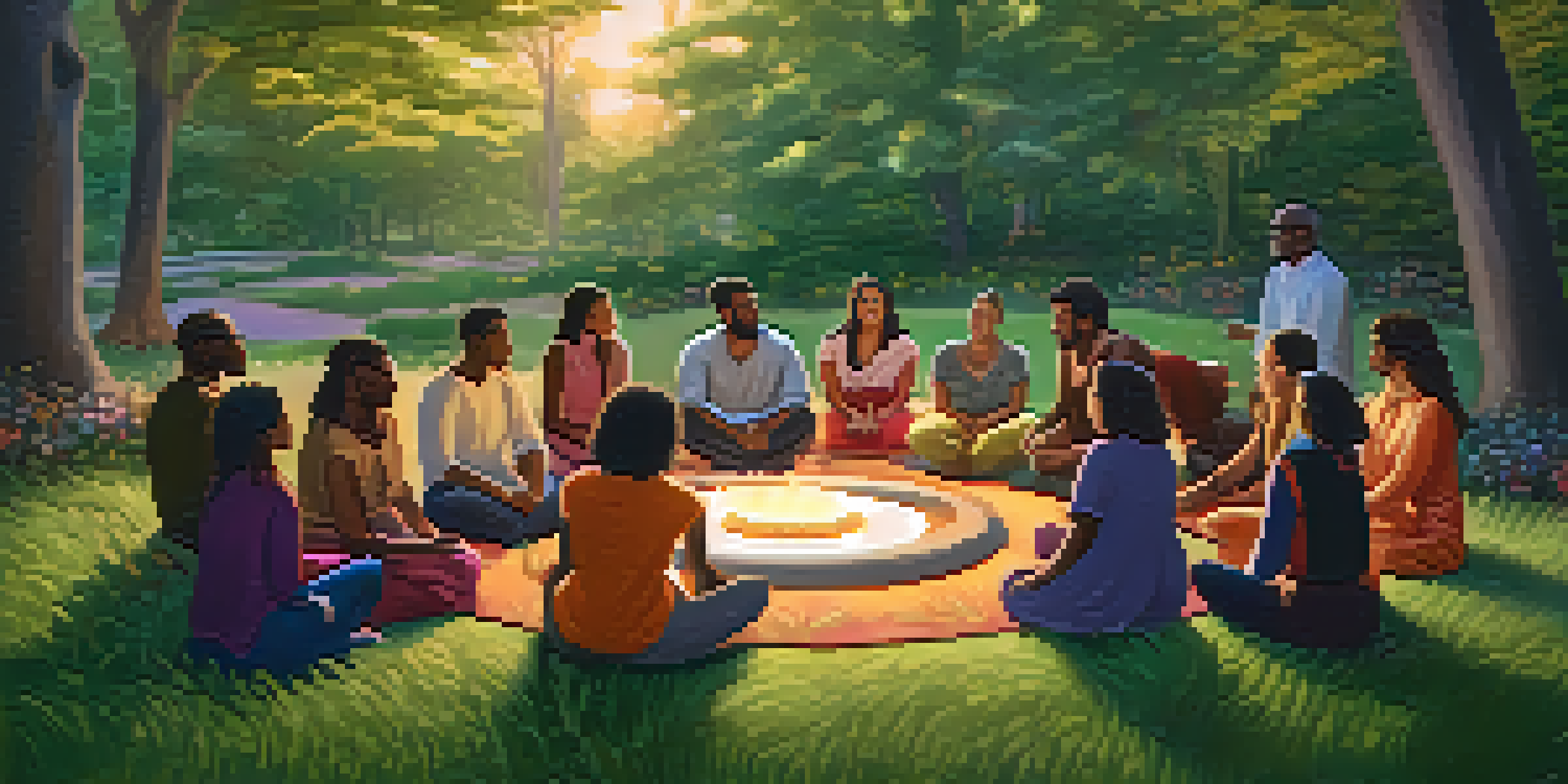 A diverse group of individuals in a circle discussing entheogens in a serene outdoor setting during twilight, surrounded by greenery and flowers.