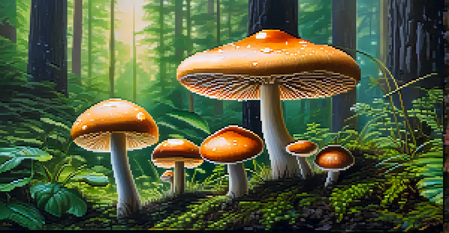 Close-up of psychedelic mushrooms in a forest, with dew drops and sunlight creating a magical atmosphere.