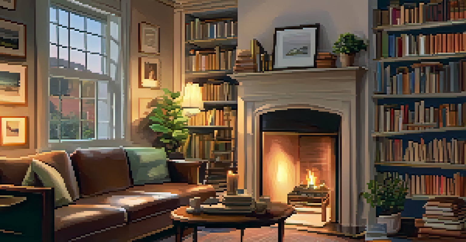 A cozy living room with a person journaling by the fireplace, surrounded by books and plants, illuminated by soft lamp light.