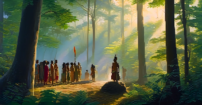 A peaceful forest at dawn with sunlight filtering through trees, showing indigenous people in a traditional ceremony surrounded by nature.