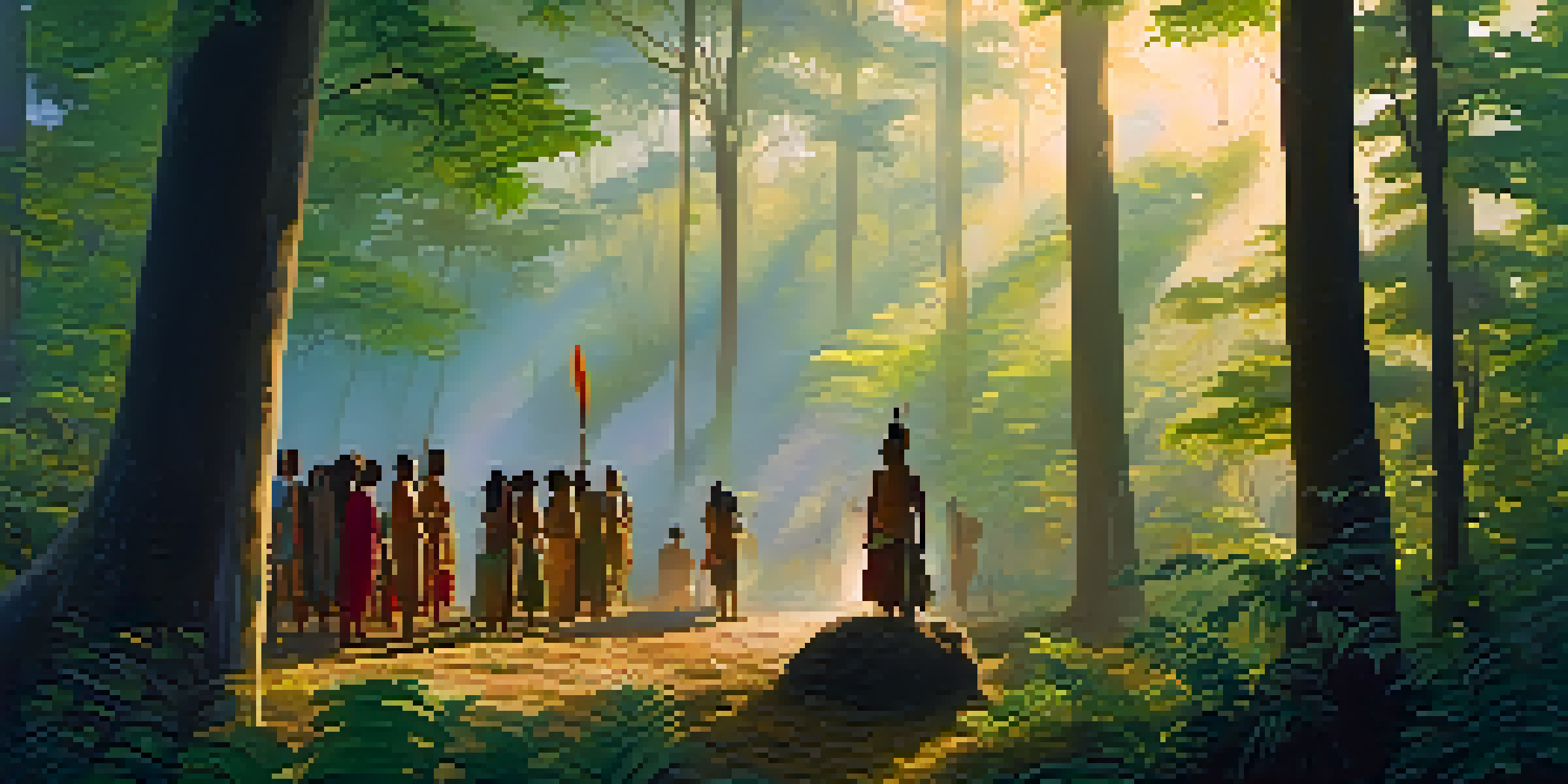 A peaceful forest at dawn with sunlight filtering through trees, showing indigenous people in a traditional ceremony surrounded by nature.